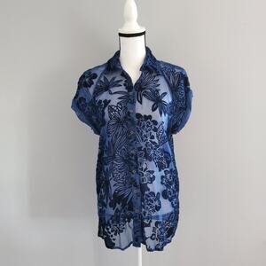 Ecote Blue Sheer Short Sleeve Velvet Floral Top S